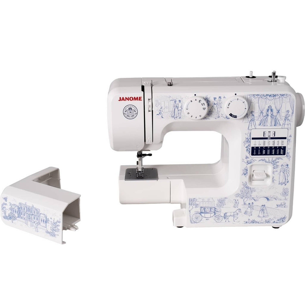 White sewing machine with blue toile print and left-side accessory drawer