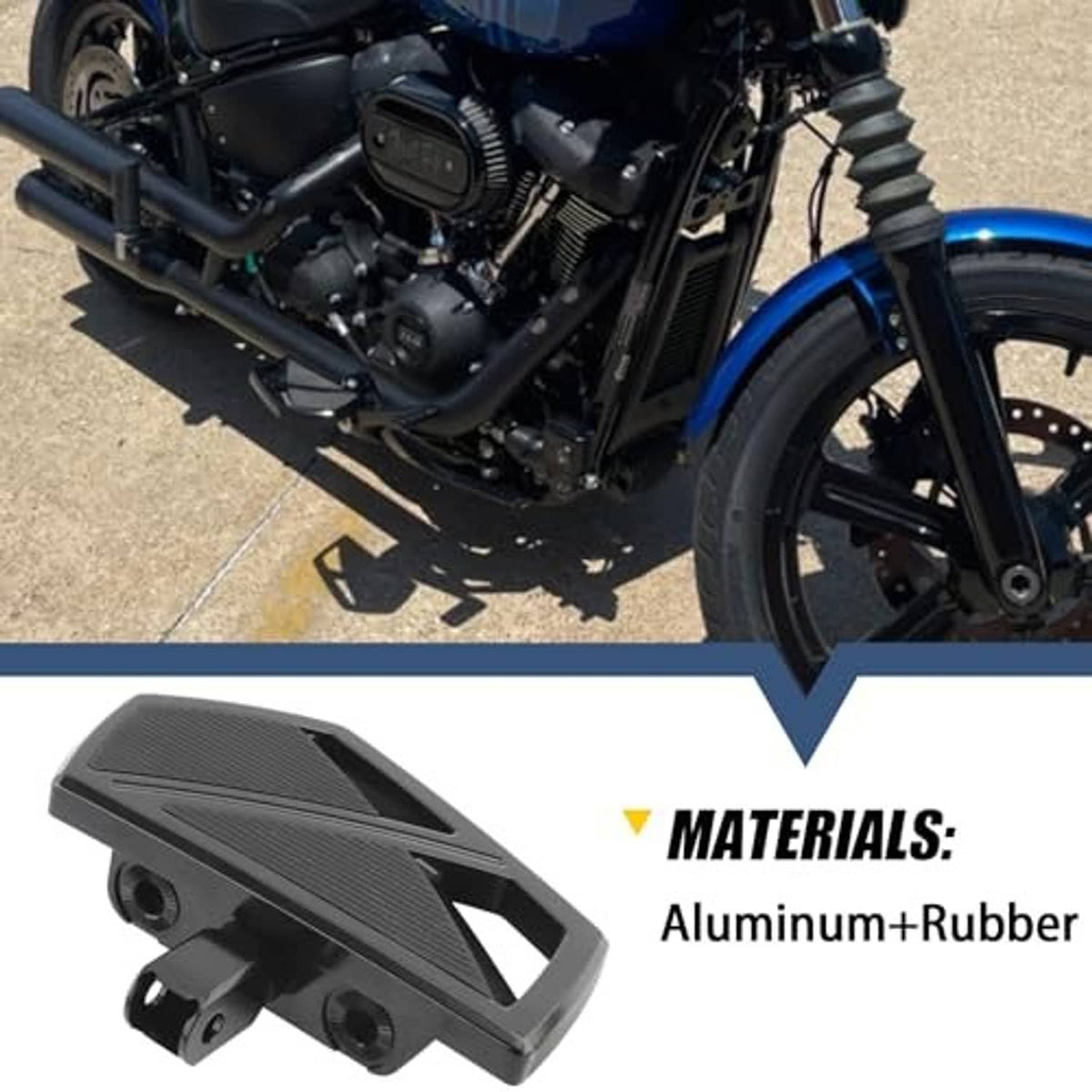 Black motorcycle foot peg floorboards made from aluminum and rubber