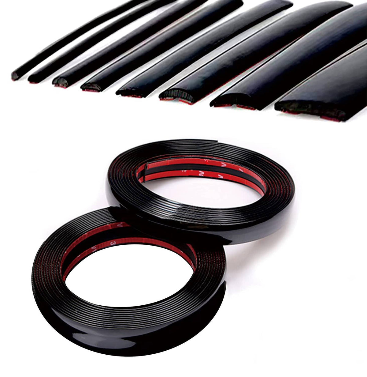 Glossy black automotive molding trim roll with curved strips, 1-inch wide