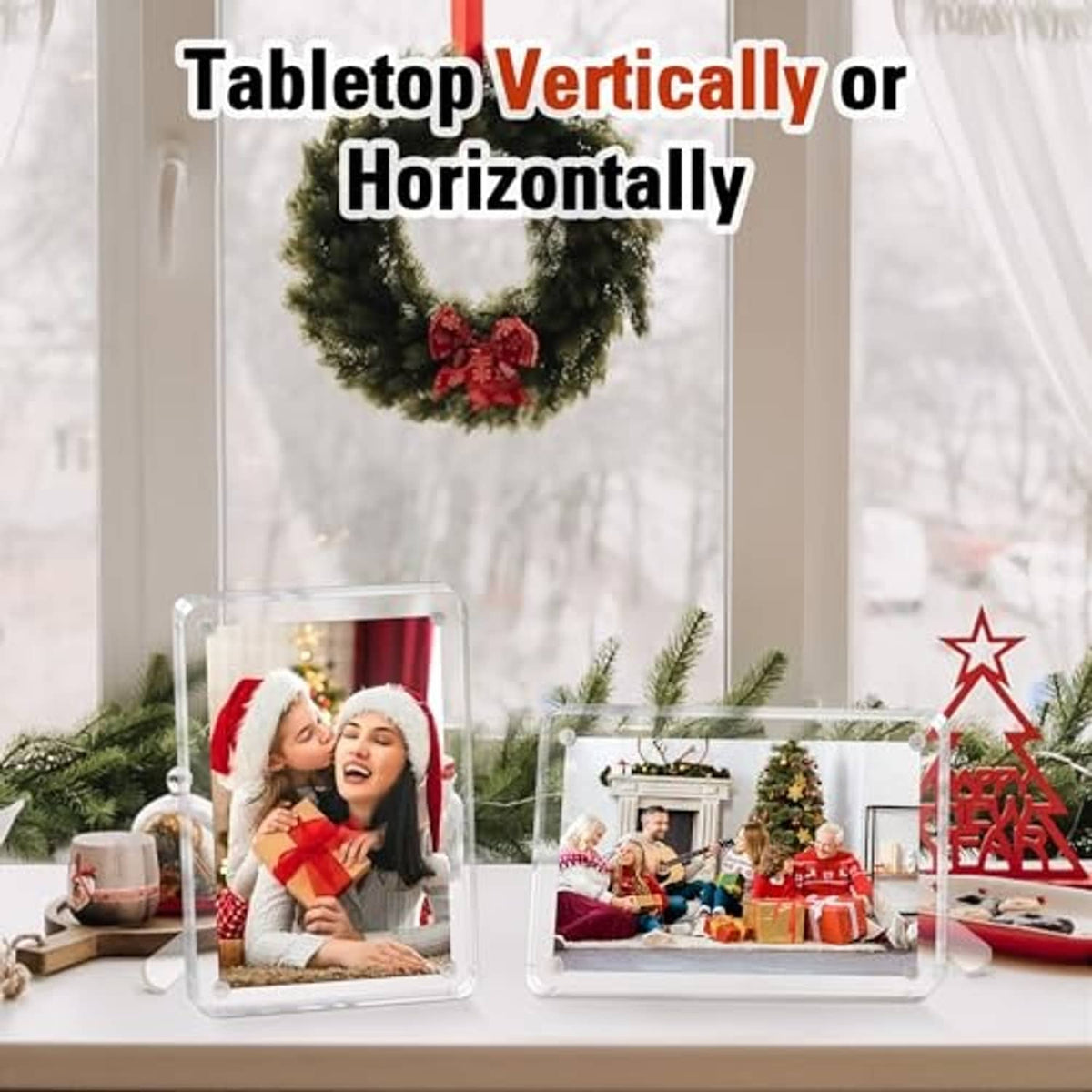 Clear acrylic tabletop photo frame set that displays vertically or horizontally