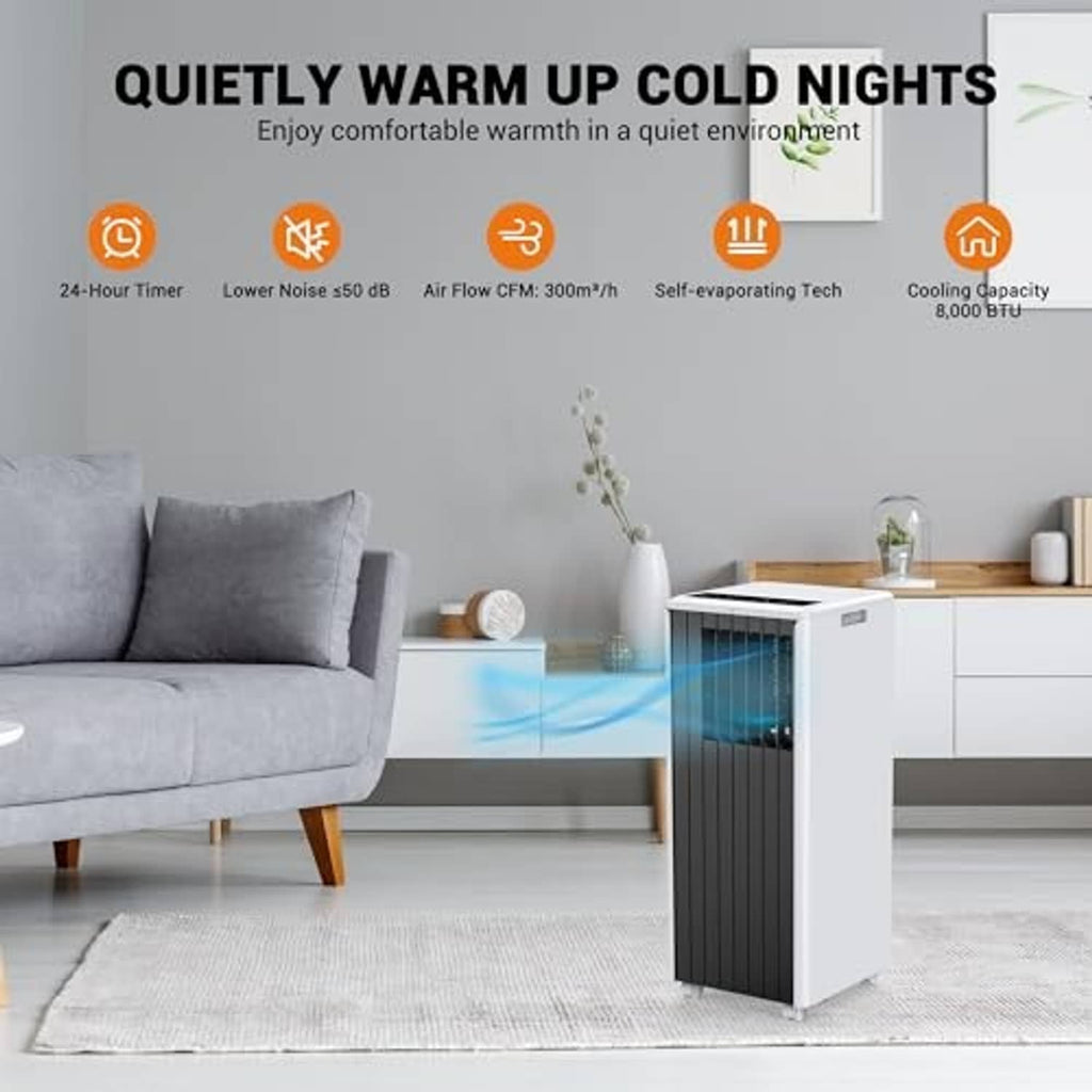 Portable air conditioner unit with white case and dark grille, standing on the floor.