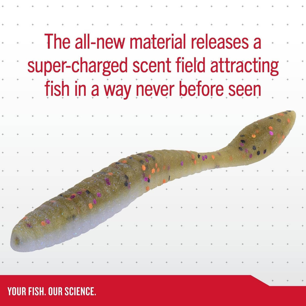 Olive green flat worm fishing bait with purple and orange speckles, slightly curved