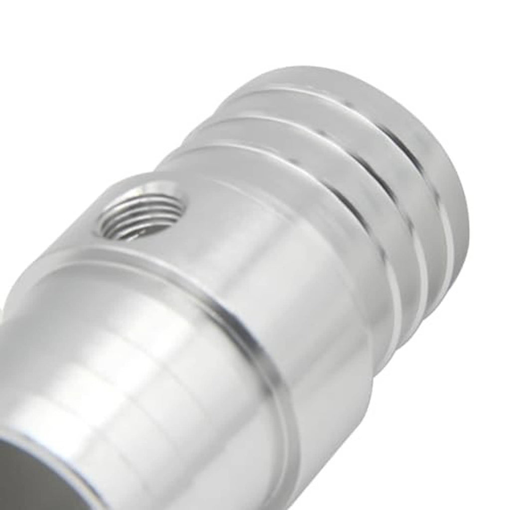 Close-up of radiator hose barb adapter threads near the port, silver finish.