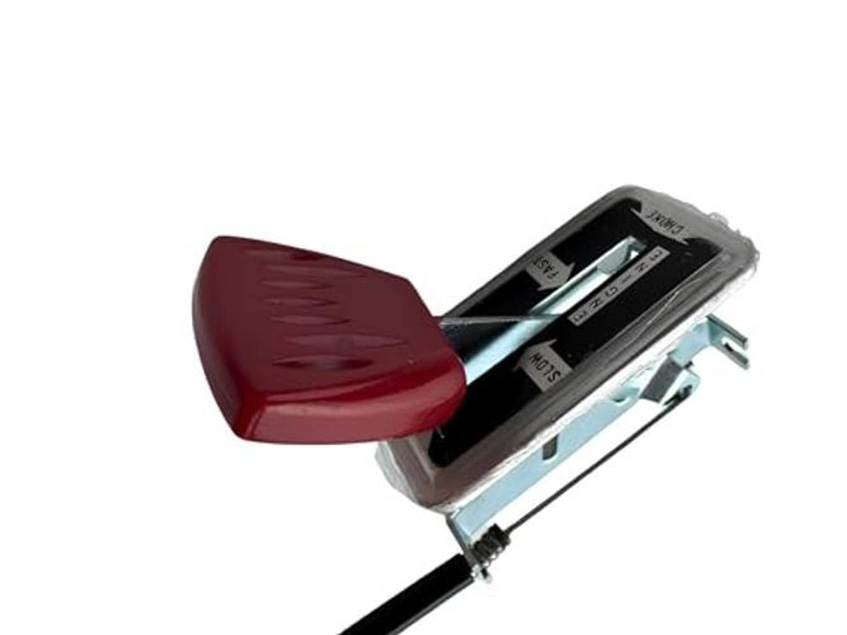 Throttle cable lever assembly with red handle and black mounting plate