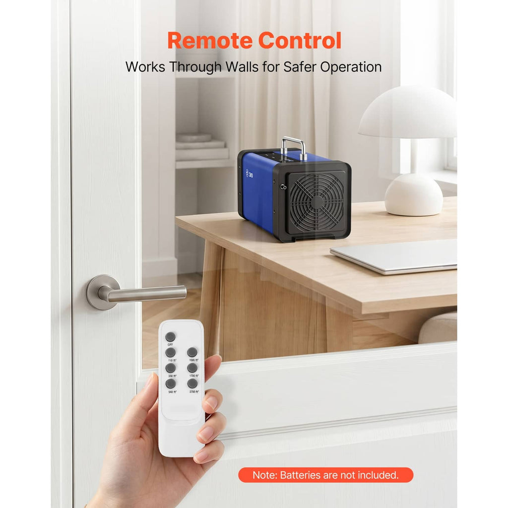 Blue ozone generator with remote control accessory and compact control unit design.