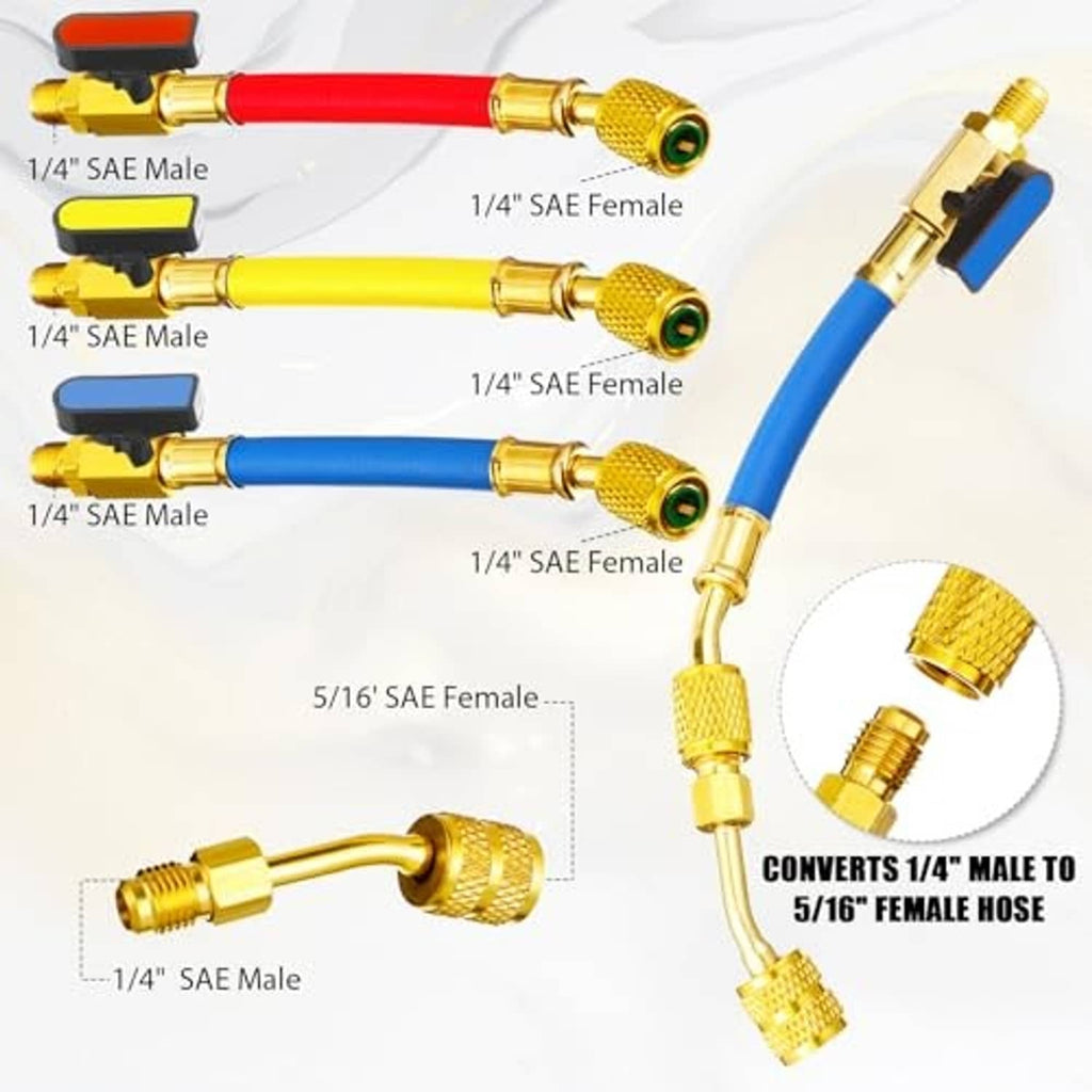 Refrigeration hoses with gold-brass fittings and a brass 90-degree adapter connection