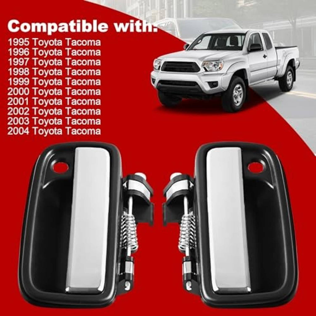 Exterior door handle pair, chrome lever with black surround and mounting stud holes