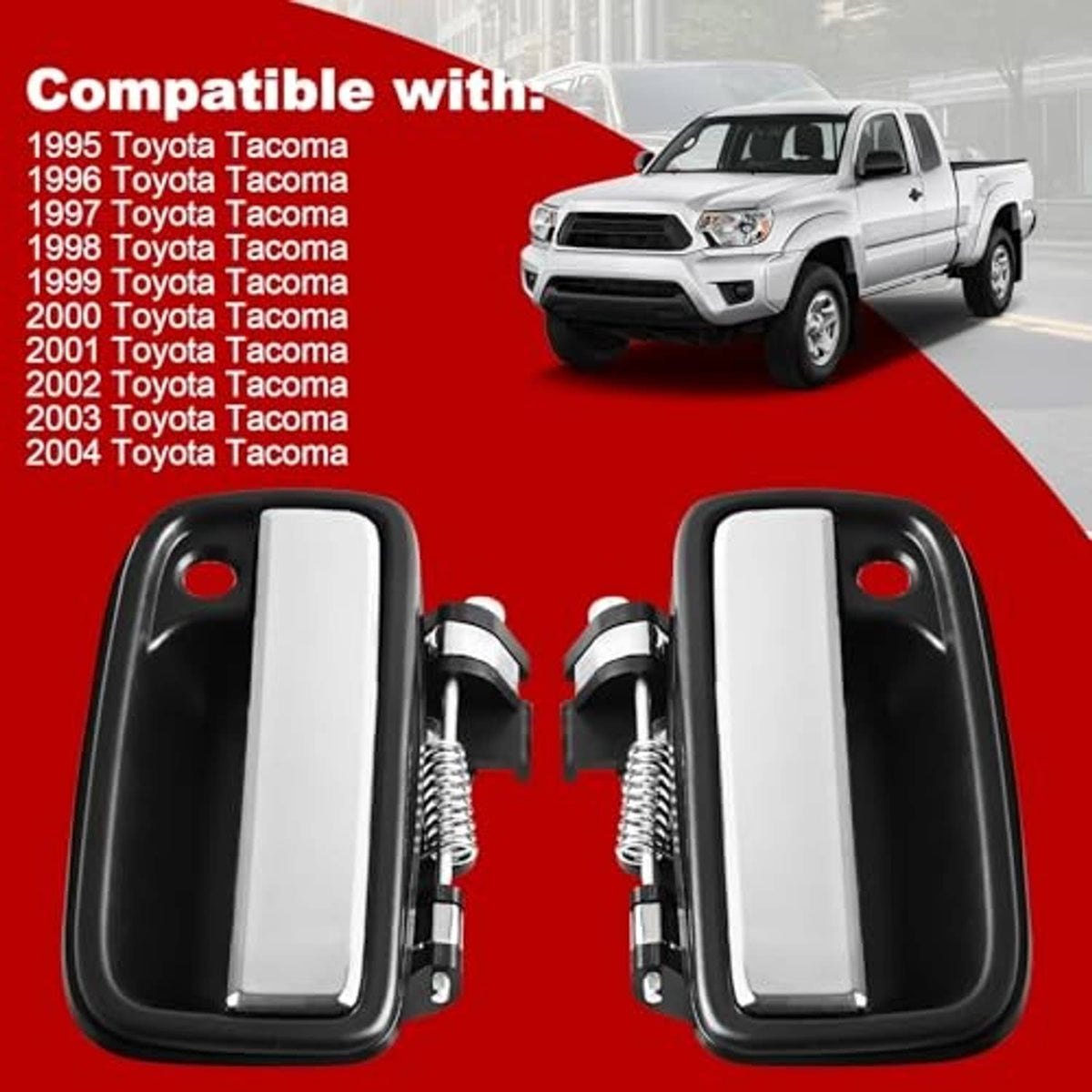 Exterior door handle pair, chrome lever with black surround and mounting stud holes