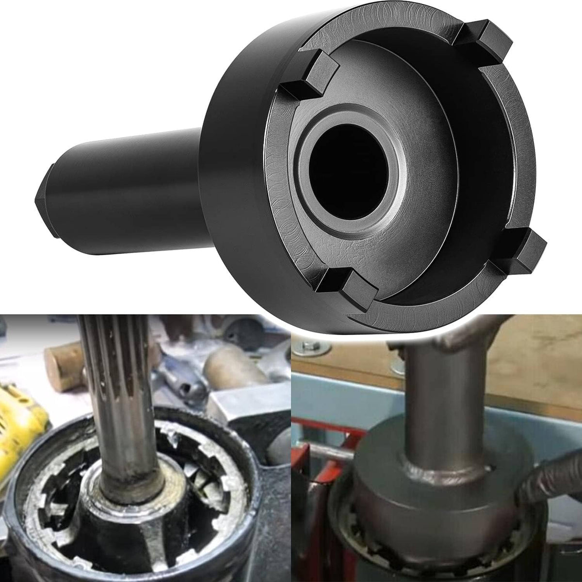 Black drive socket tool with round grooved head and flanged base for bearing carrier nuts