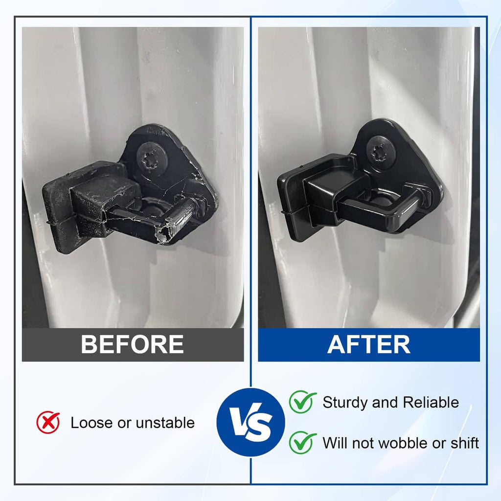 Black door lock striker pieces installed on door opening