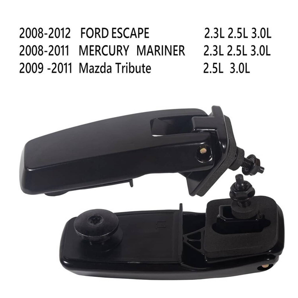 Black liftgate window hinge pair with mounting base and screws, angled product shot