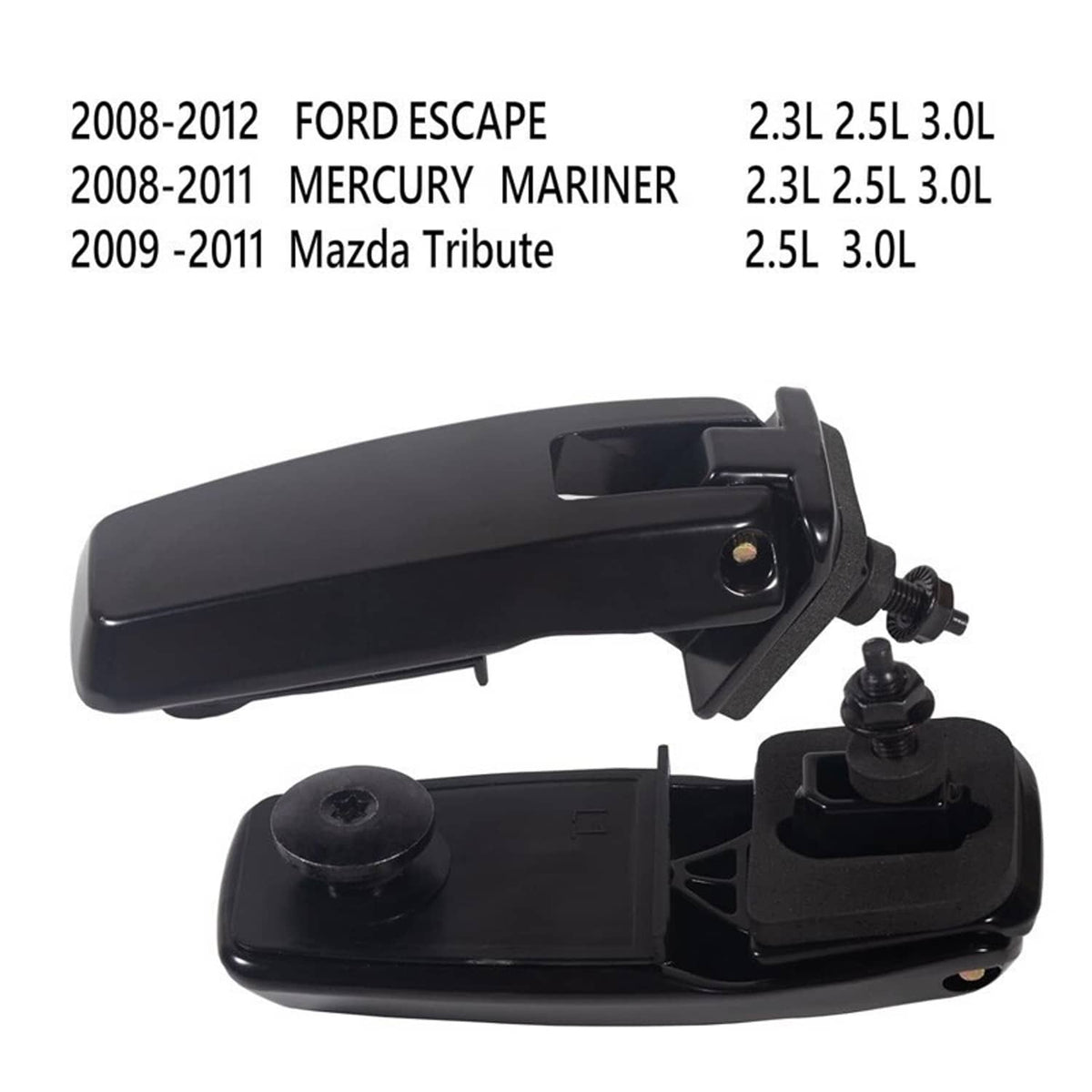 Black liftgate window hinge pair with mounting base and screws, angled product shot