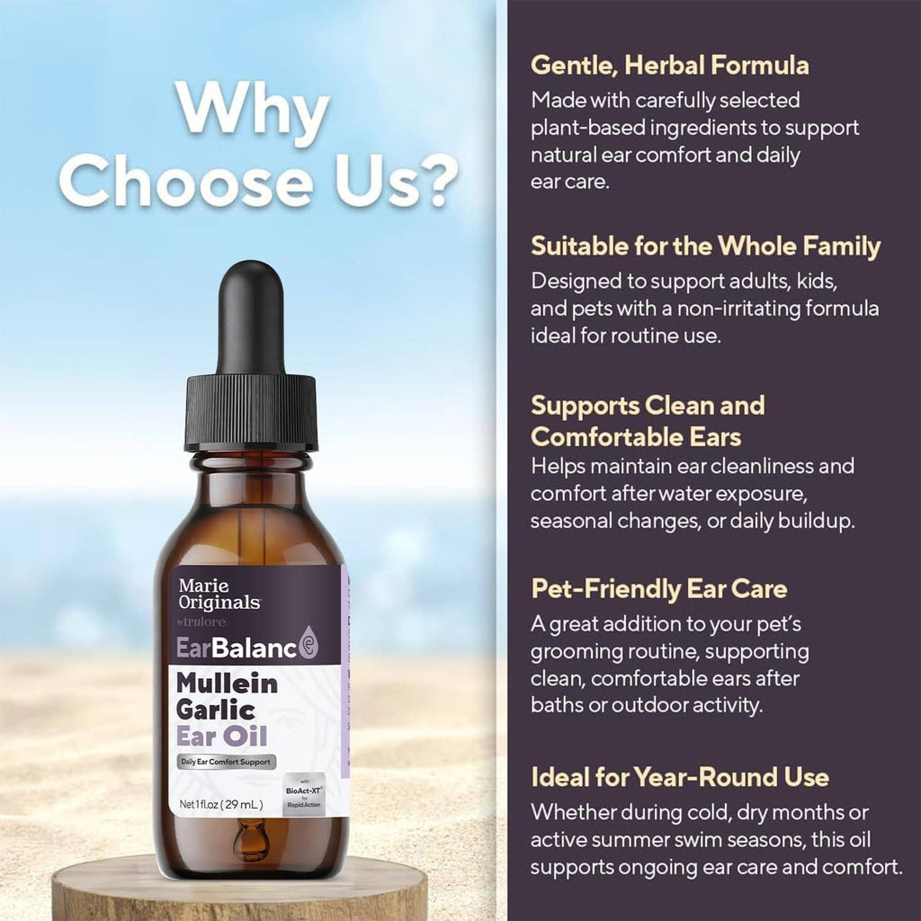 Mullein garlic ear oil drops: amber dropper bottle on pedestal with informational box