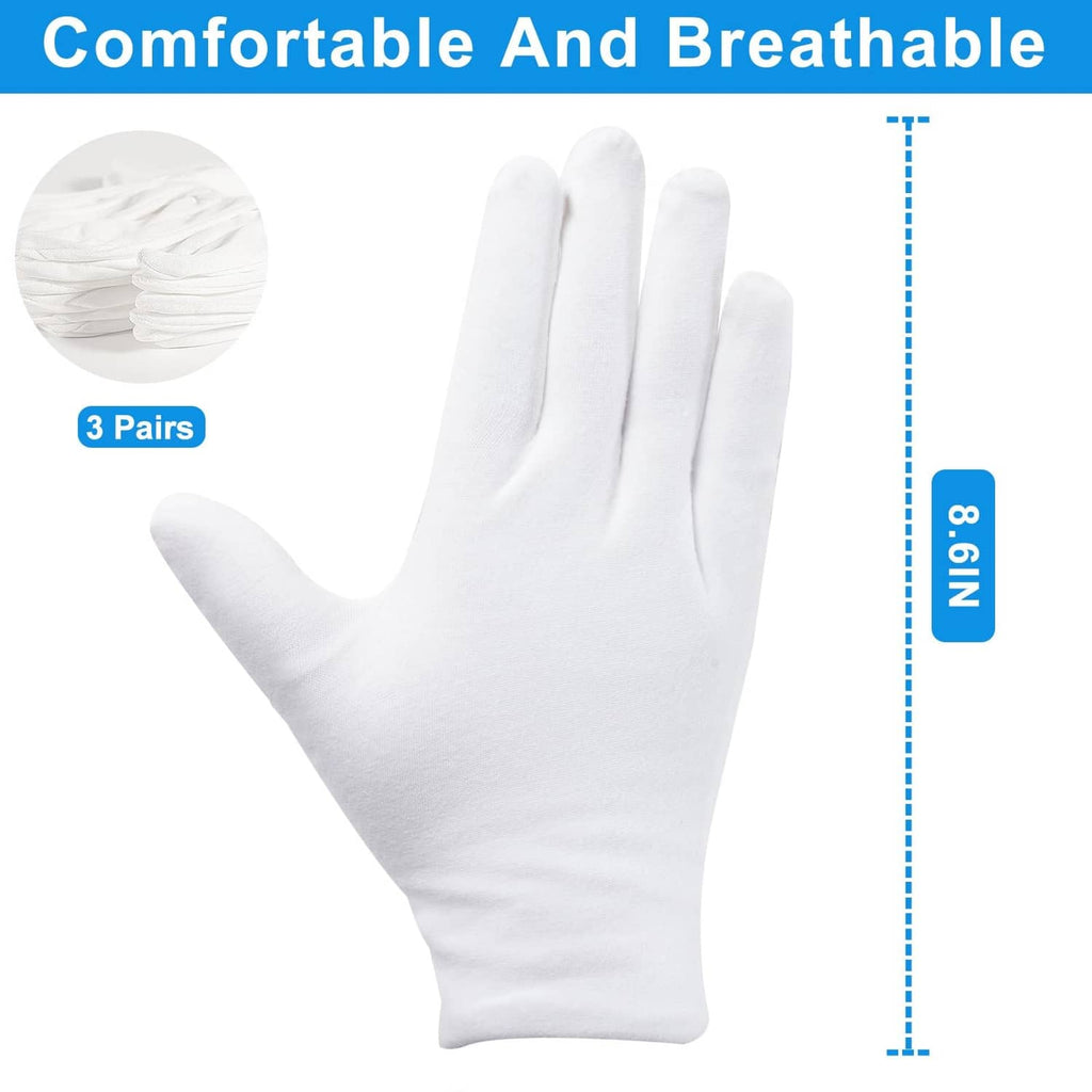 White cotton sleeping gloves, full finger coverage, length measurement