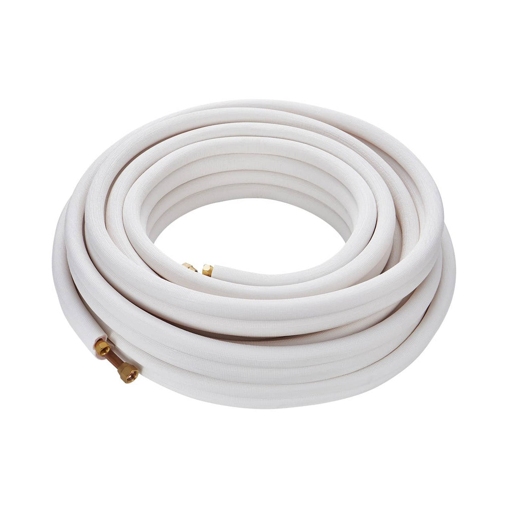Coiled insulated mini-split copper tubing line set with two brass connector fittings, white.