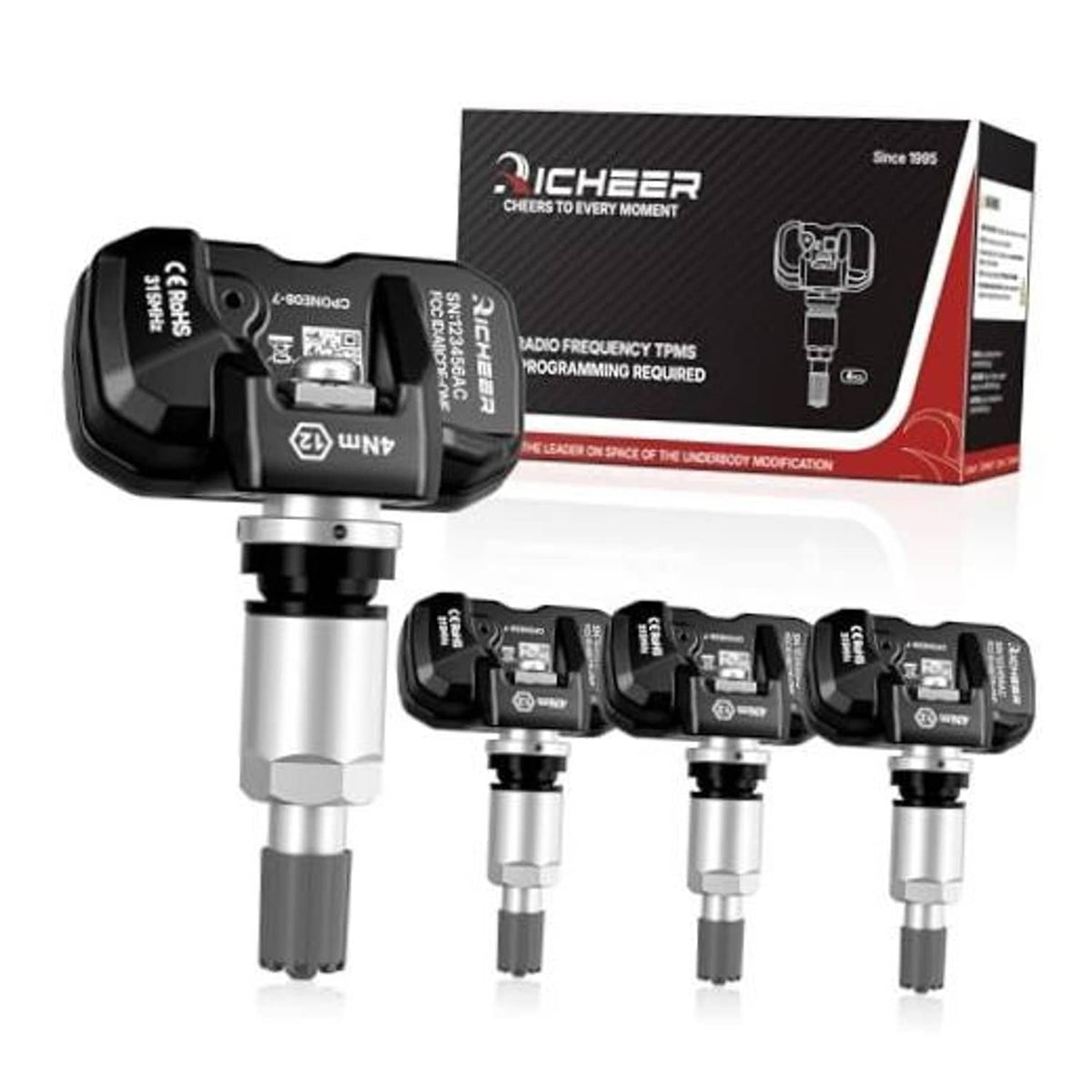 TPMS sensor with black housing and metal valve stem, single unit shown