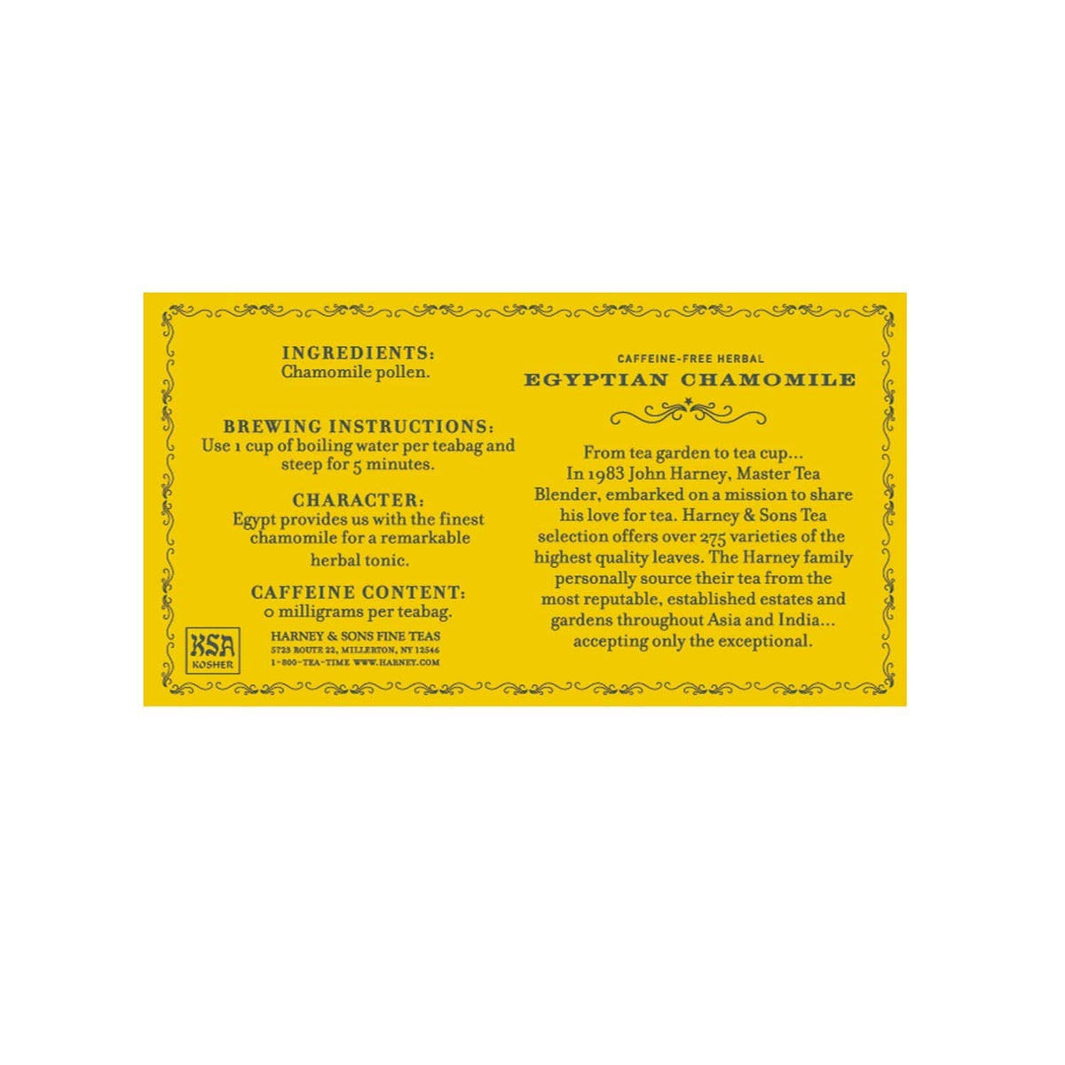 Harney & Sons Egyptian Chamomile tea box back with brewing, ingredients, and character info
