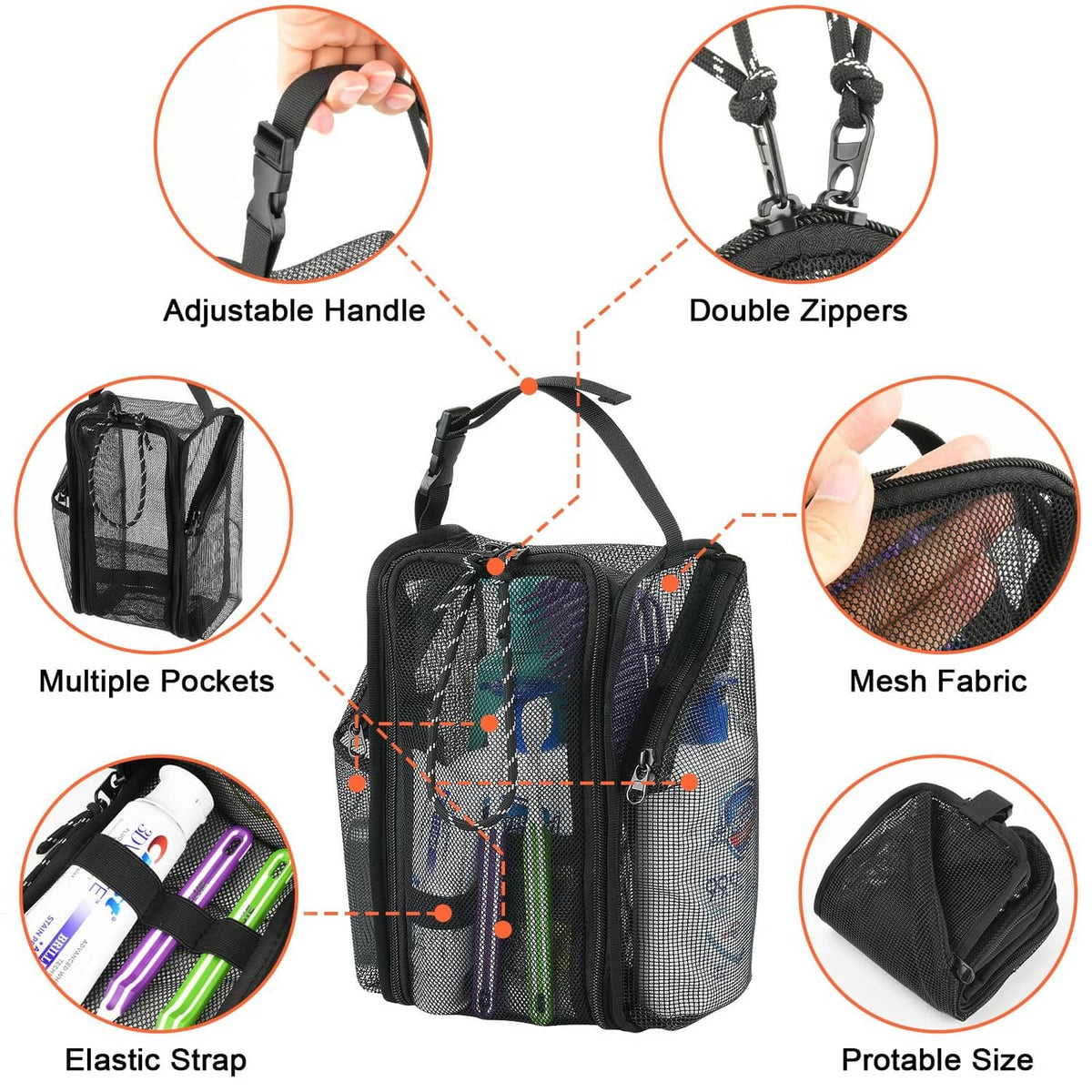 Black mesh shower caddy toiletry organizer with multiple pockets and double zippers