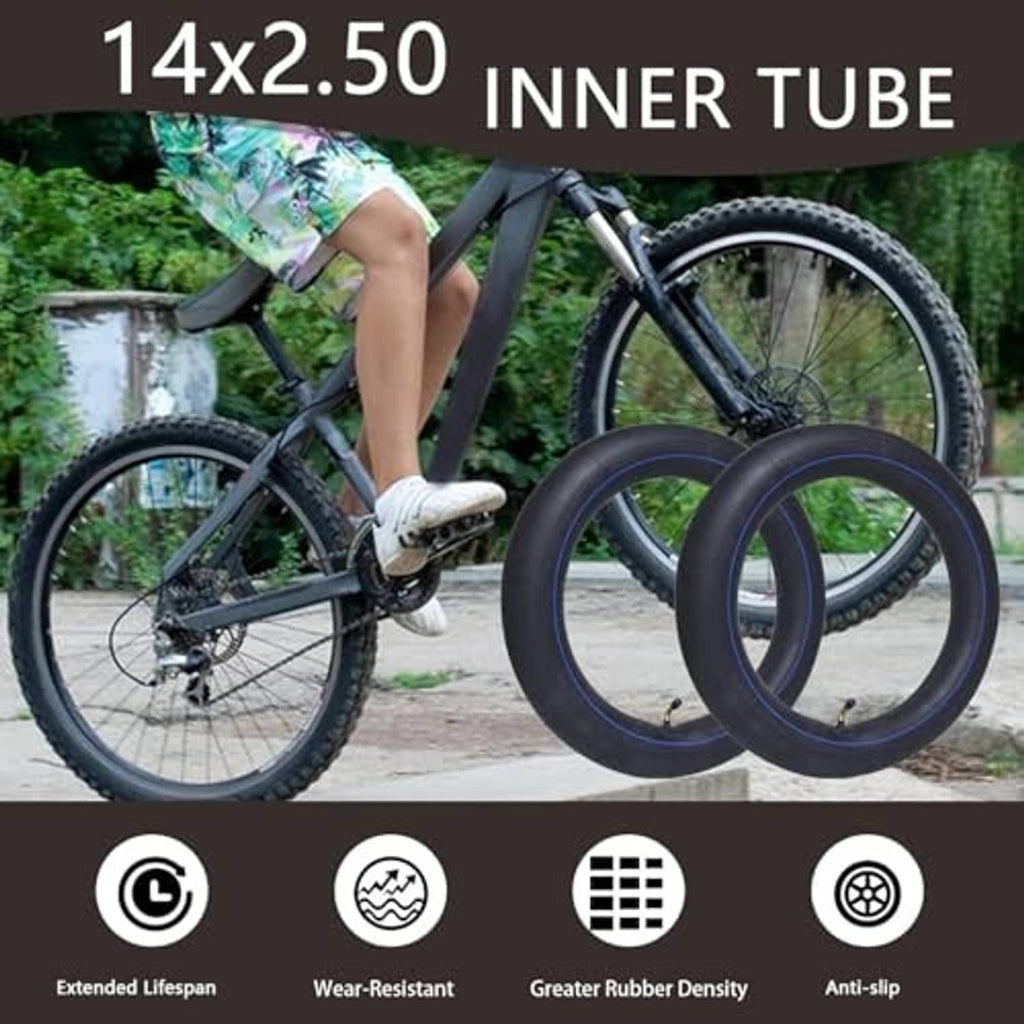 Two black inner tubes with blue stripe on bike wheels, valve stems visible