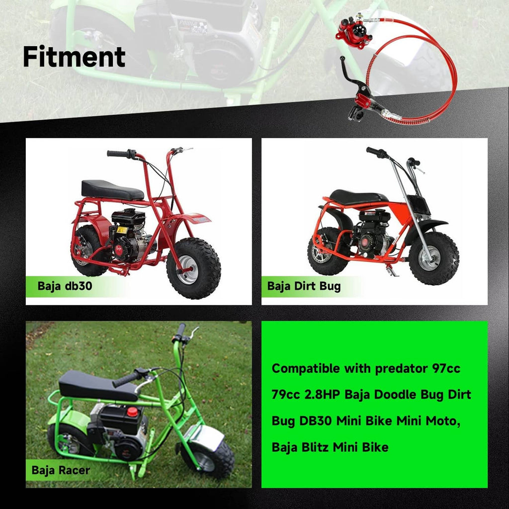 Hydraulic brake kit shown on mini bikes with red caliper, lever, and brake hose