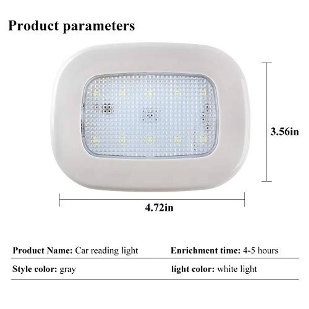 White car reading light dome with built-in rectangular LED panel, shown with size lines