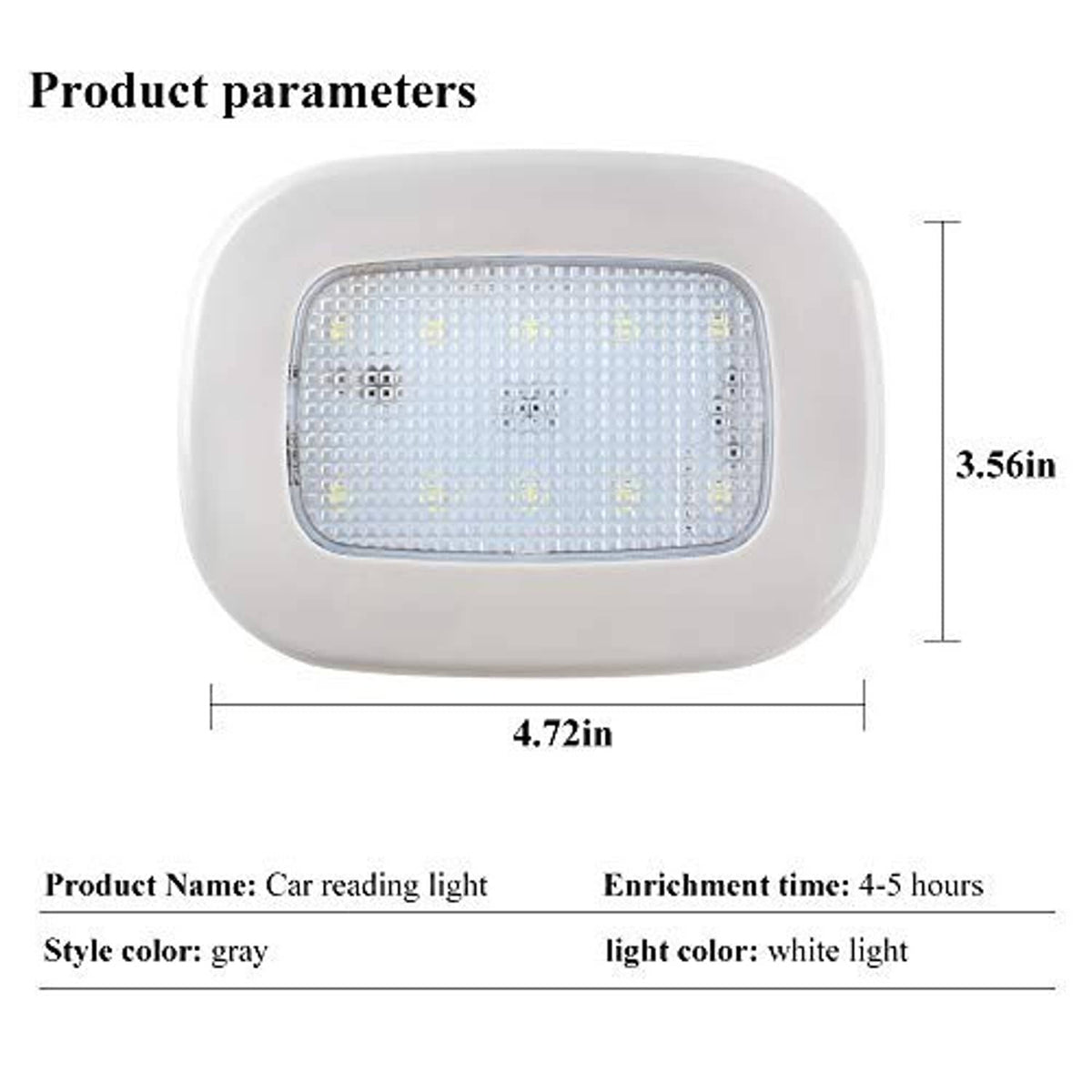 White car reading light dome with built-in rectangular LED panel, shown with size lines
