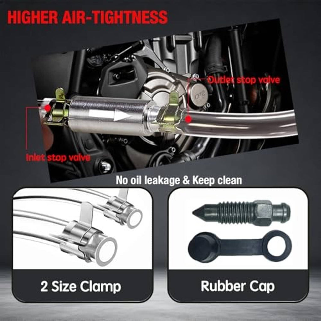 Bleeder hose assembly with metal valve, two size clamp, and rubber dust cap
