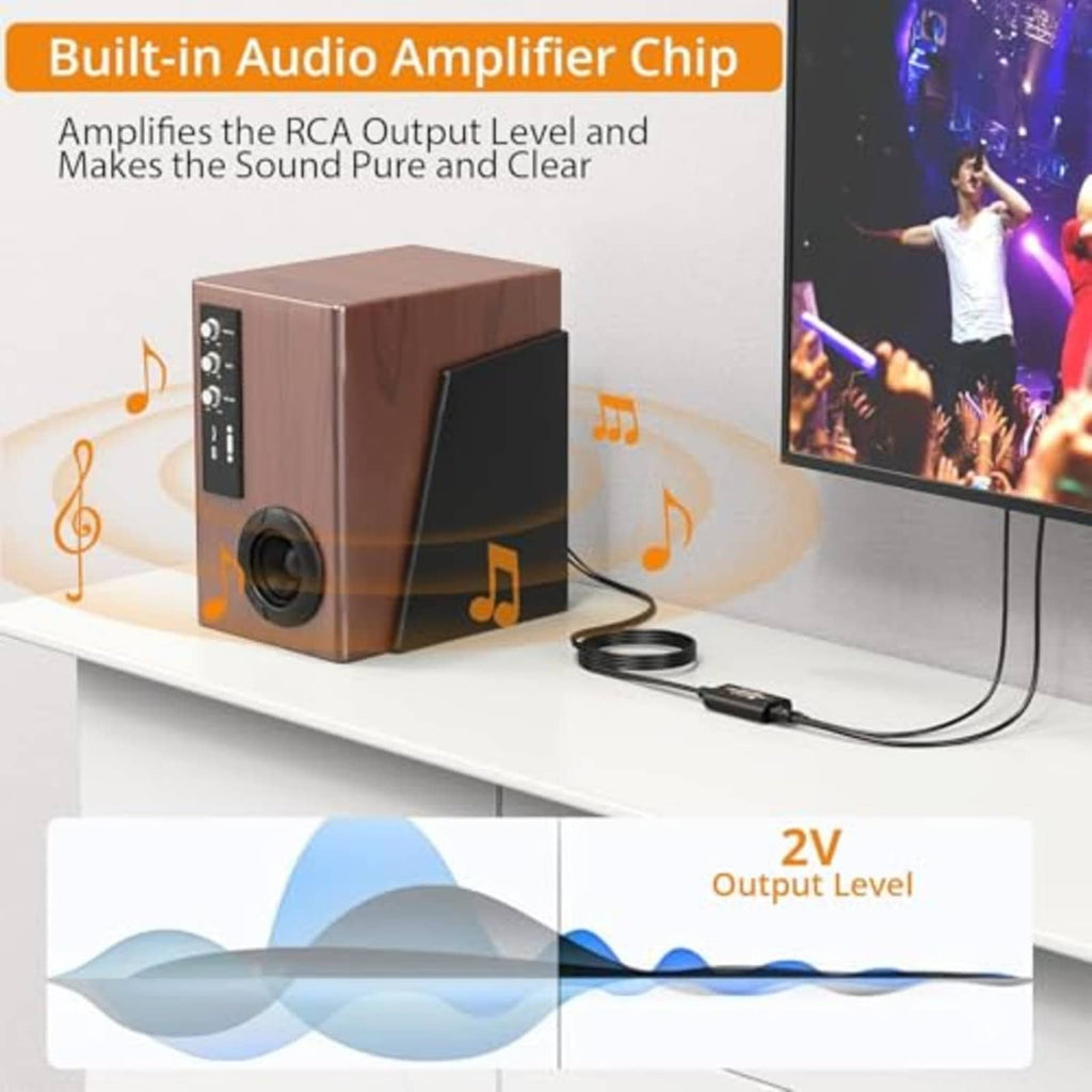 Optical-to-RCA DAC converter unit with RCA audio leads connected to a speaker