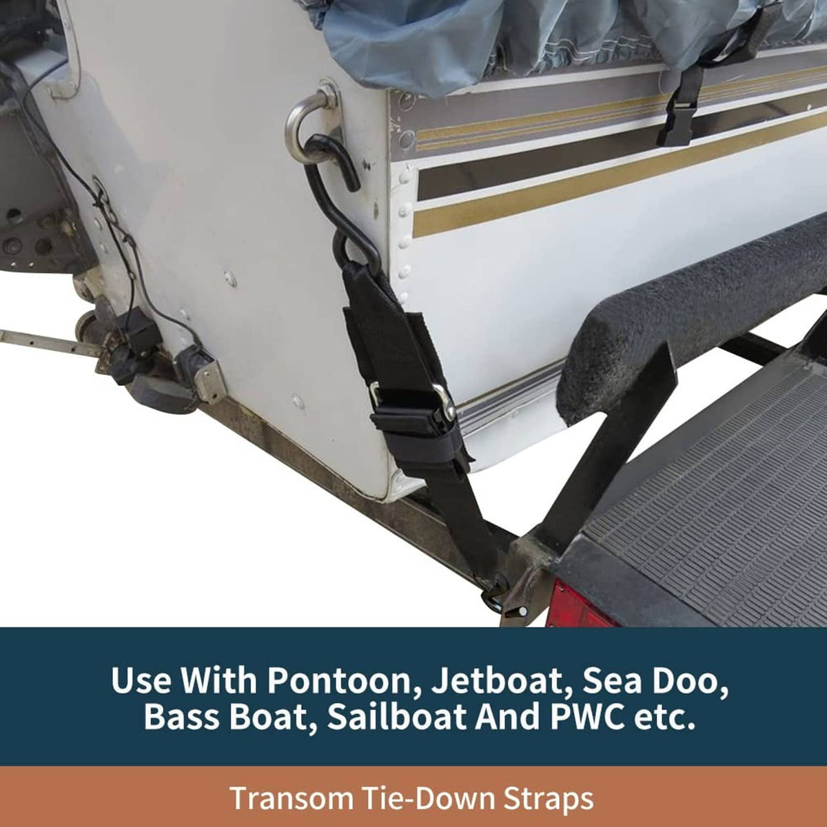Black transom tie-down straps secured to a boat transom with S-hooks