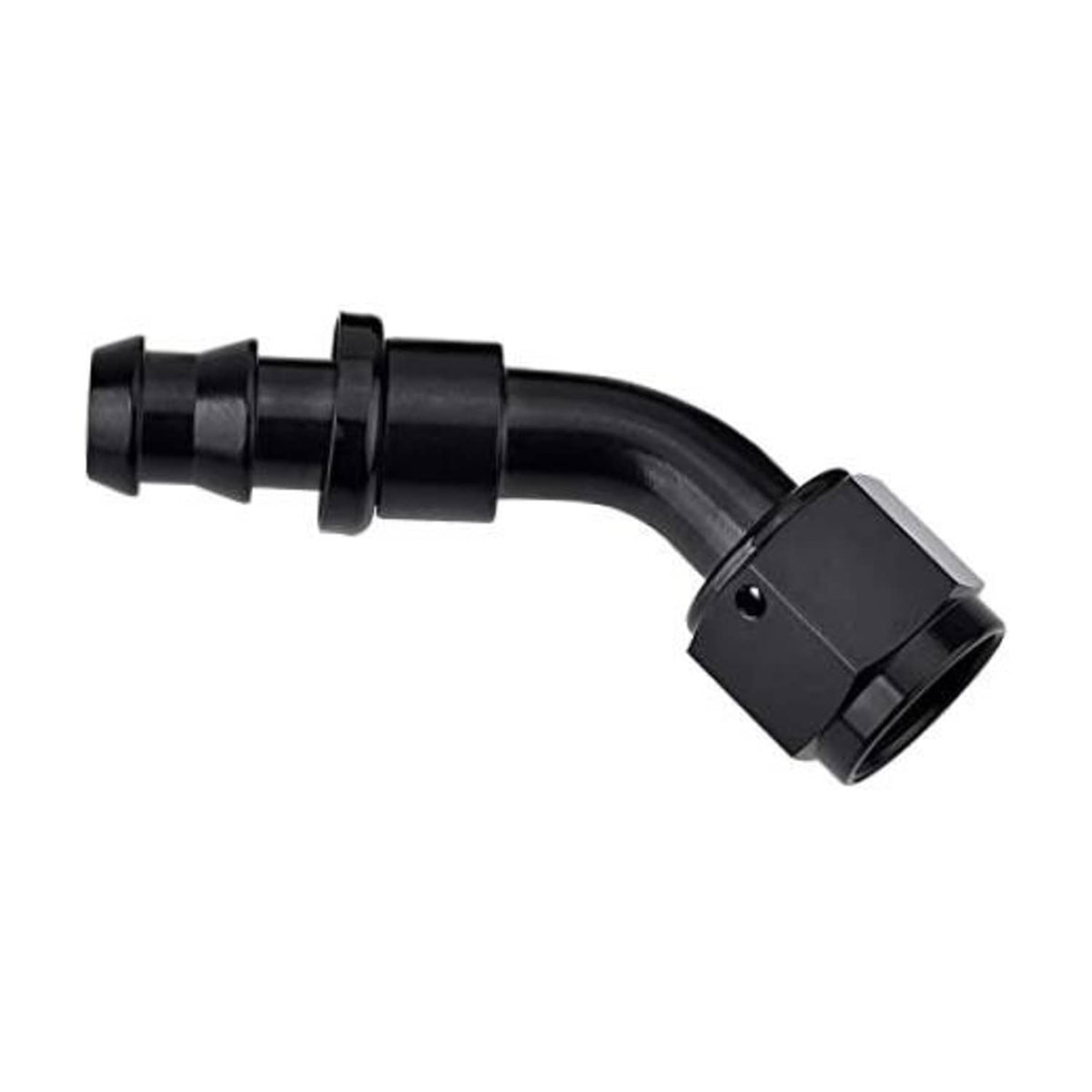 Black 45-degree push-lock hose fitting end with barbed outlet and lock collar