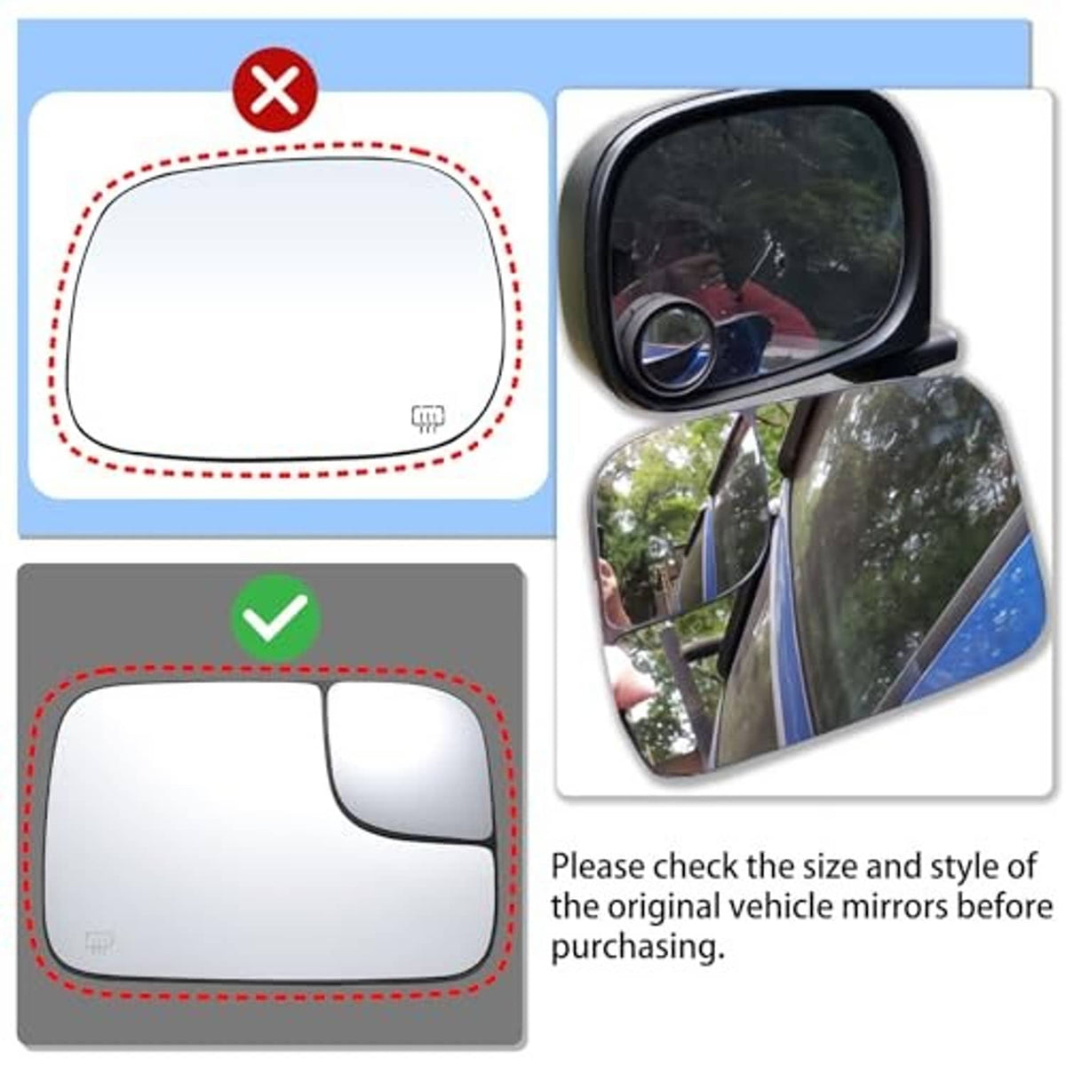 Heated left driver side mirror glass sizing guide with curved glass outline
