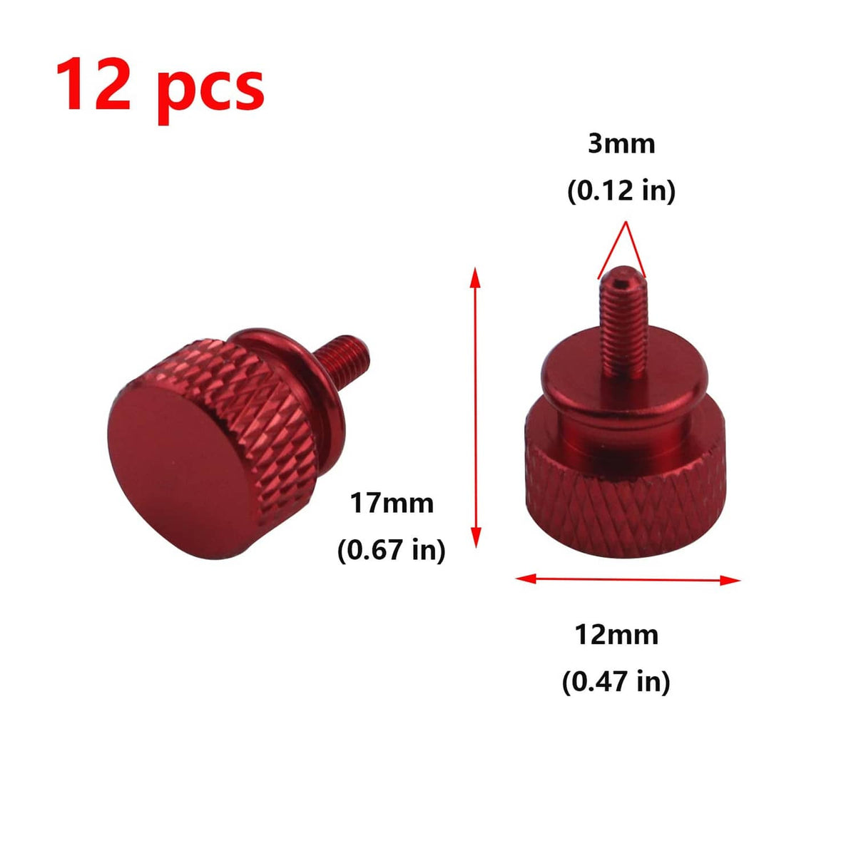 Wine red knurled thumb screw with 3mm tip, 12mm head, 17mm length