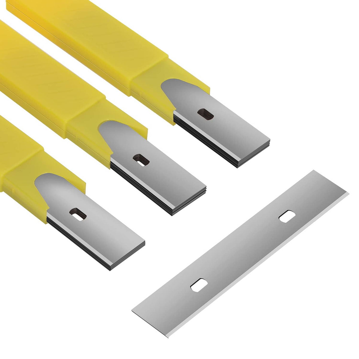 Close-up of replacement scraper blades: stainless steel edges with yellow holders and mounting holes