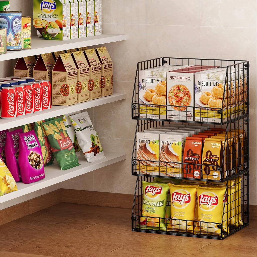 Black wire storage bins on shelves for snack boxes and packaged foods