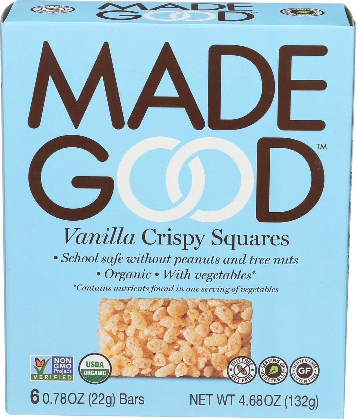 Vanilla crispy squares snack box with branding and nutrition highlights