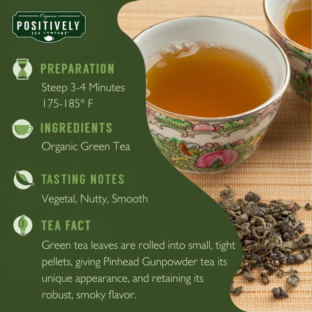 Organic green tea infographic with cup of amber tea and loose dark green leaves