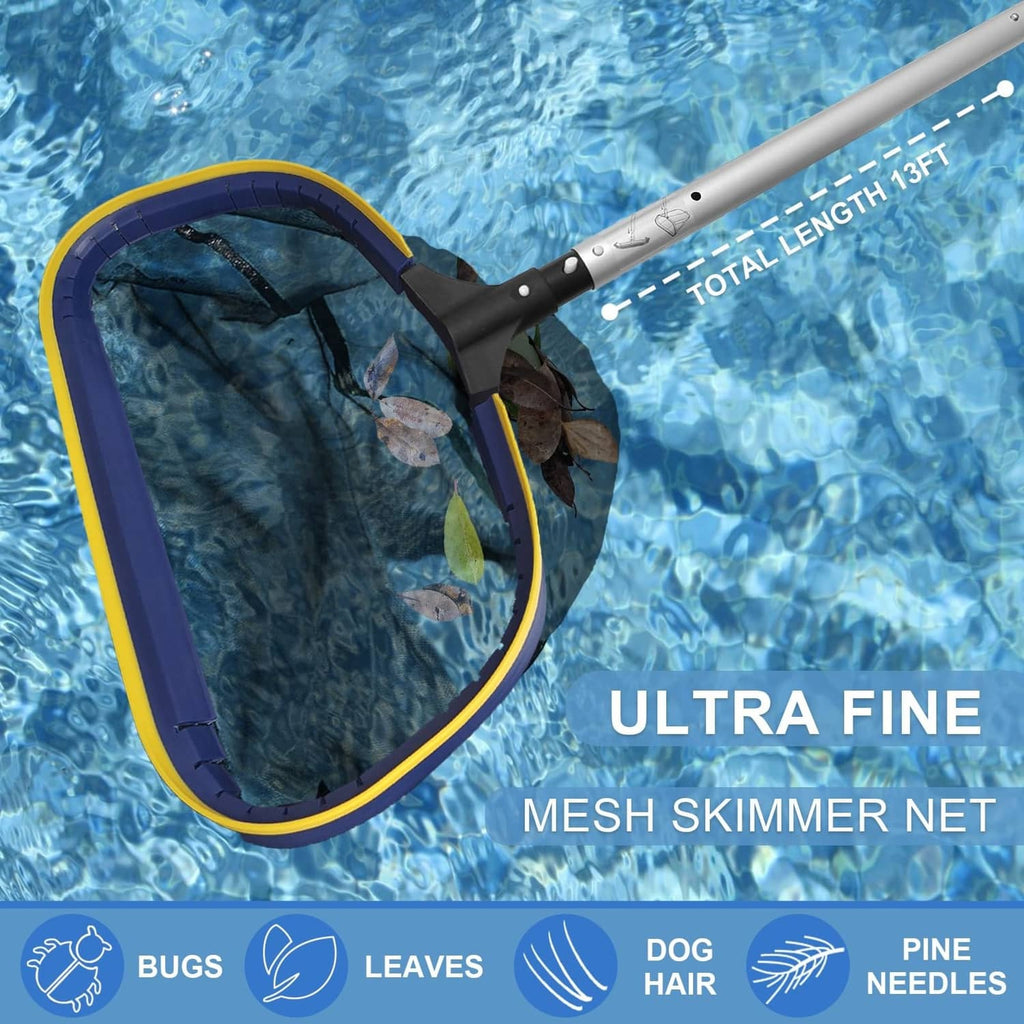 Pool skimmer net with blue rim and yellow edge on extended aluminum pole