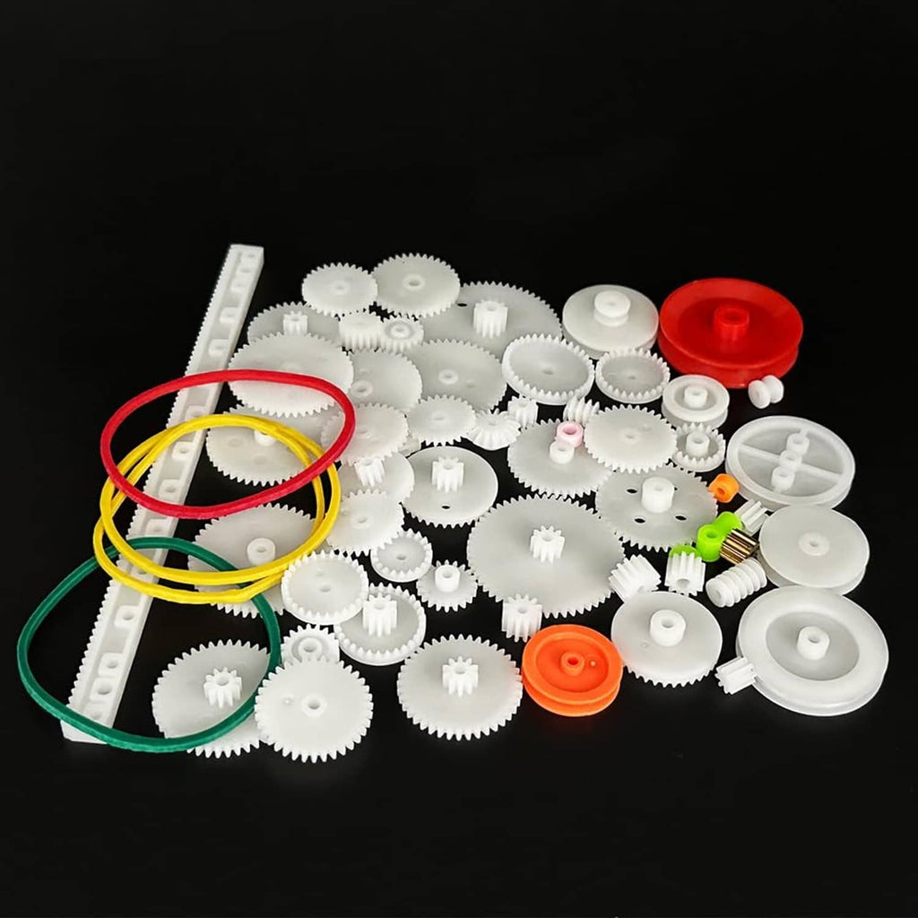 Plastic gear and pulley kit: white gears, colored belts, and spindle strip