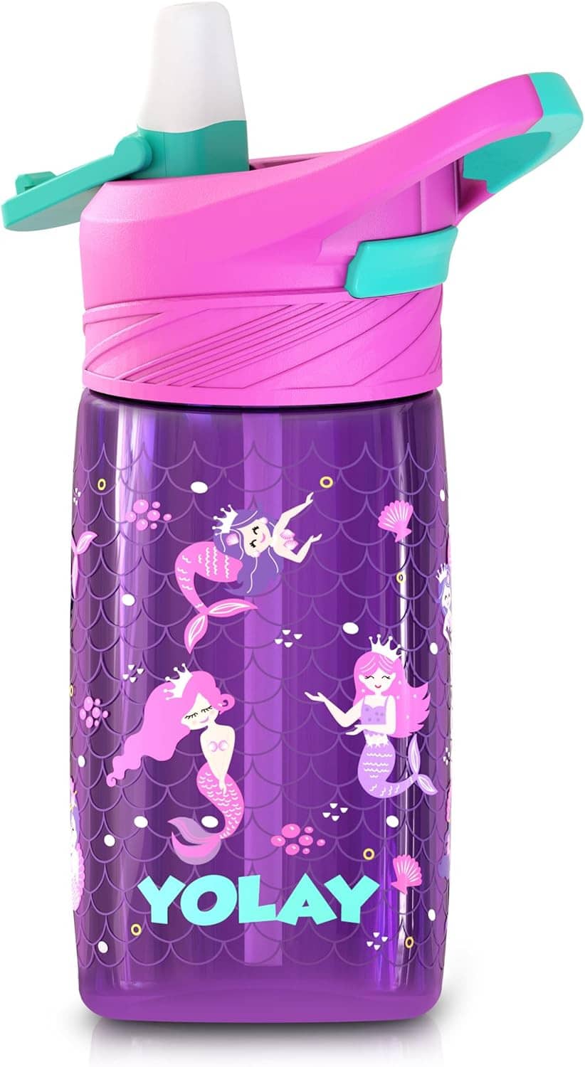 Kids reusable water bottle with purple fairy art, pink cap, teal spout cover