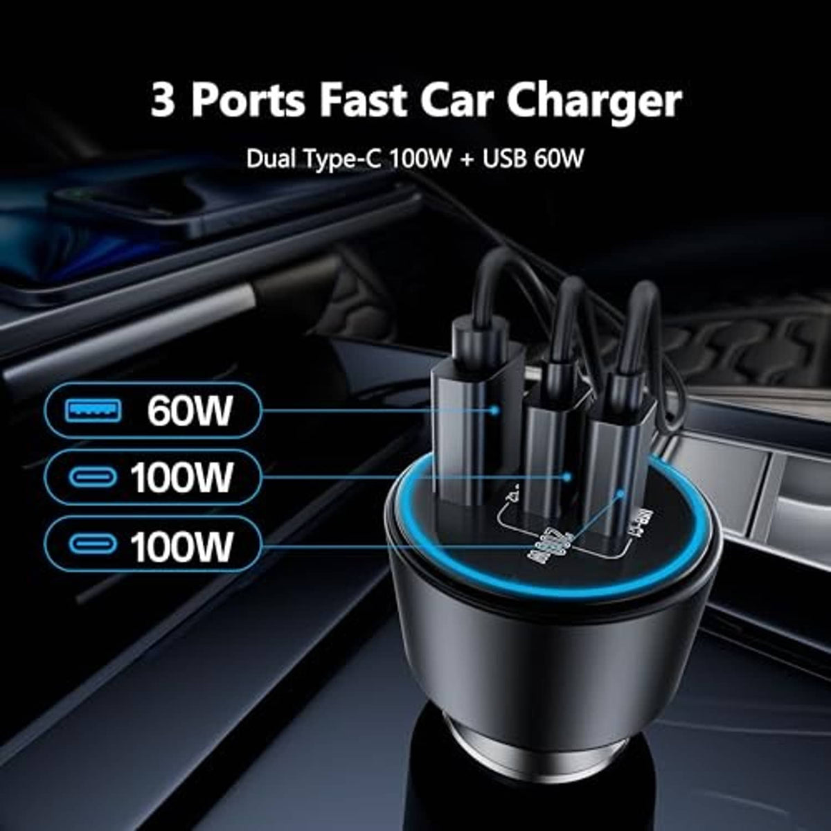 Black 3-port fast car charger with blue LED ring around the three ports