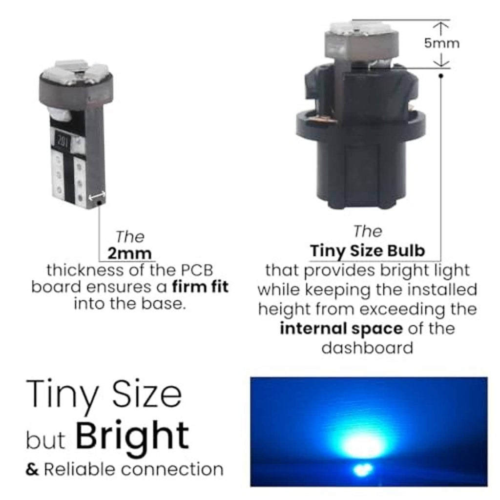 T5 LED bulbs with tiny wedge base; PCB thickness shown with bright blue glow