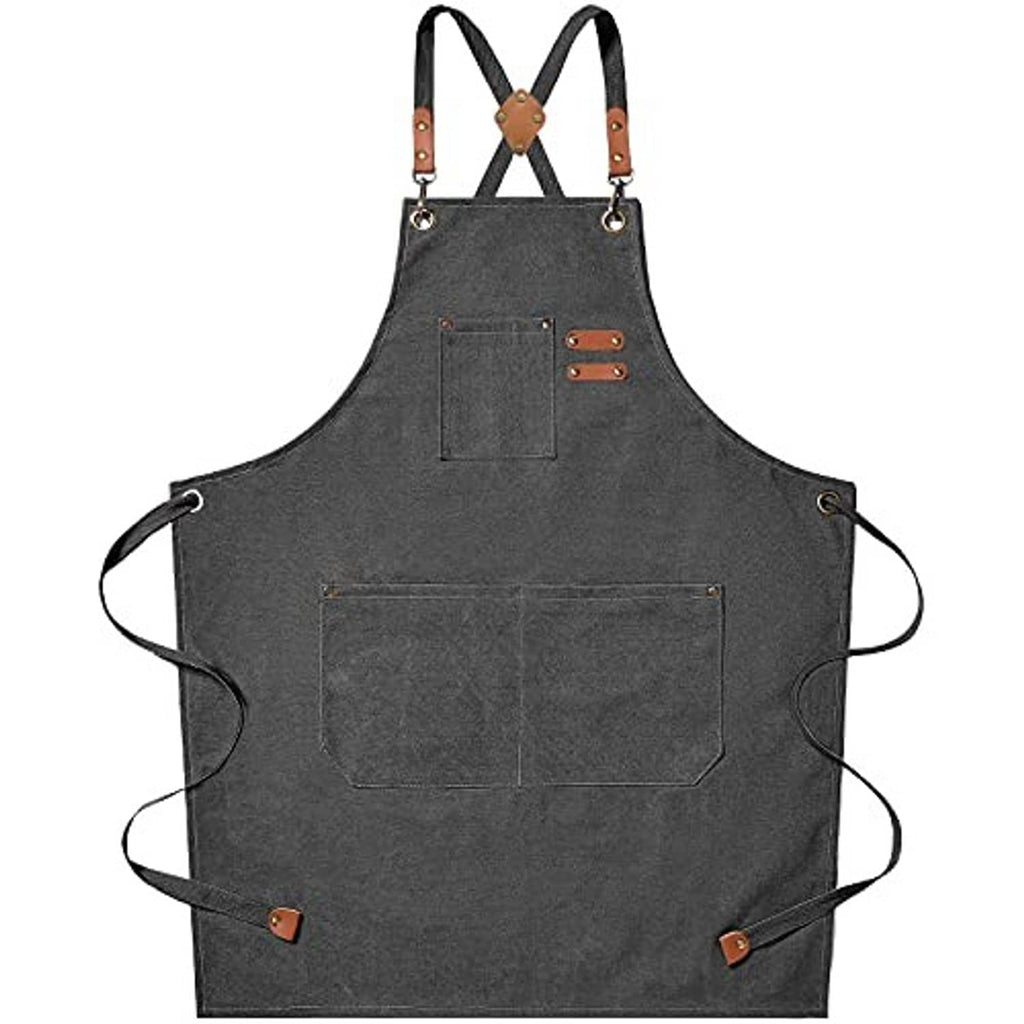 Men's grey canvas cross-back apron with front pocket and adjustable neck straps