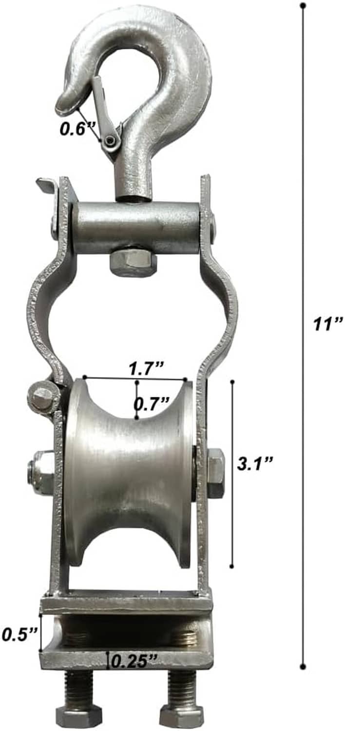 Cable pulley with hook block and cast aluminum sheave wheel; size markings shown