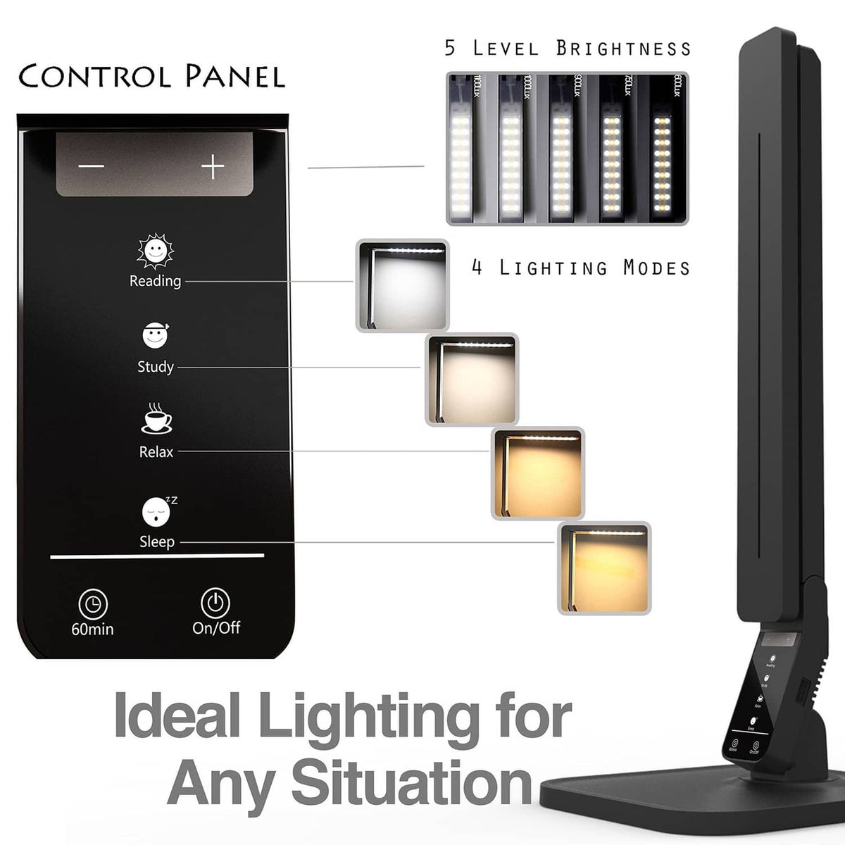 Black LED desk lamp control panel with brightness settings and four lighting modes