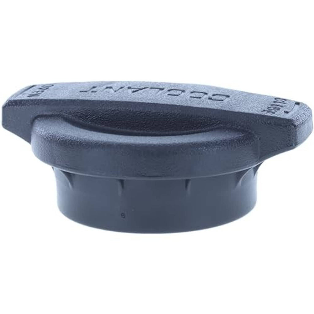 Engine coolant reservoir cap, dark blue, angled view with side embossed markings and top lip.