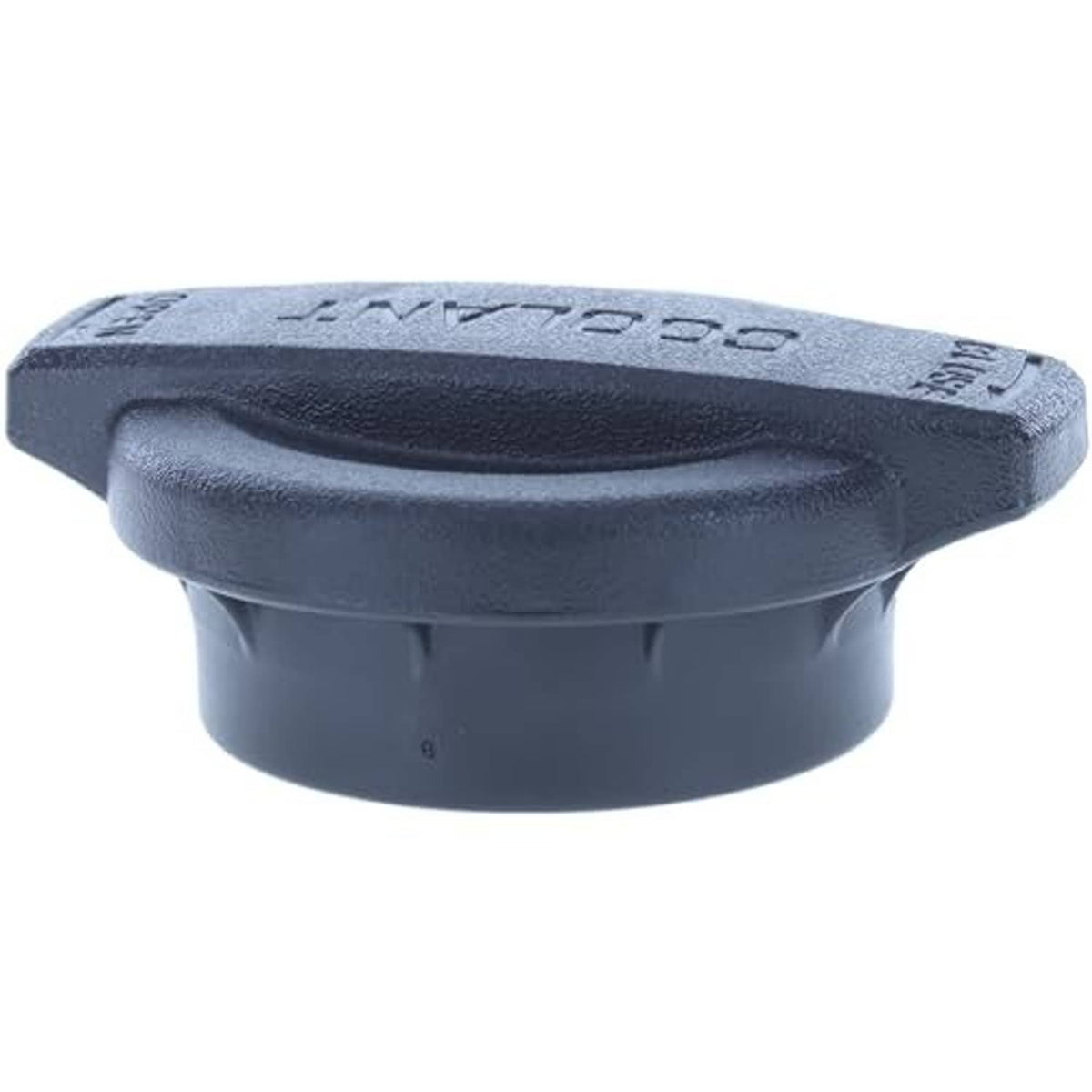 Engine coolant reservoir cap, dark blue, angled view with side embossed markings and top lip.
