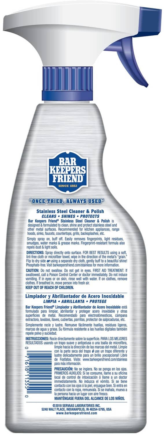 Back label view of Bar Keepers Friend stainless steel cleaner spray bottle