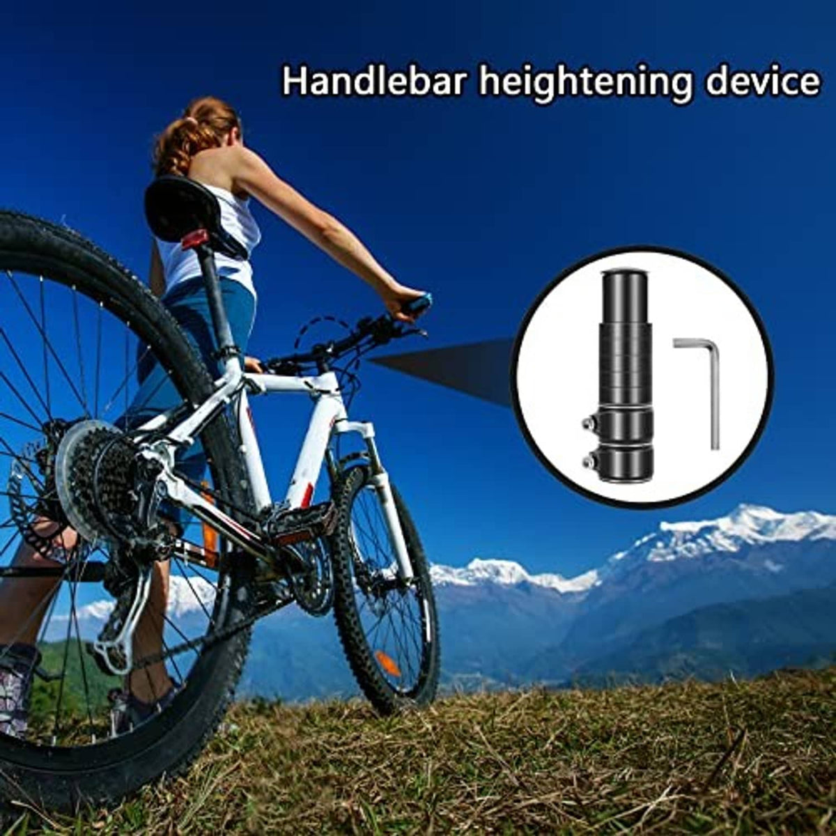 Black handlebar heightening device with cylinder extender and silver clamp