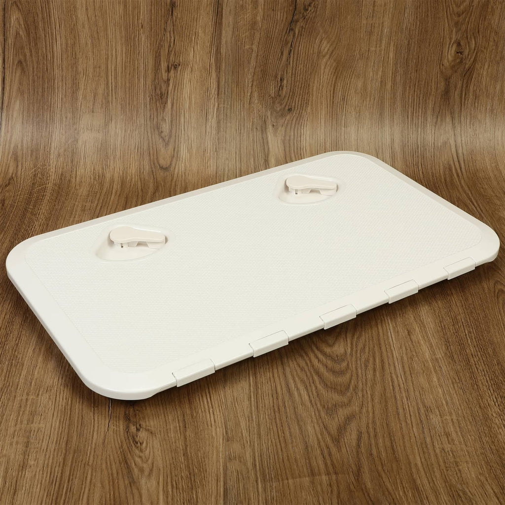 White ABS deck access hatch lid, closed with two corner latch mounts
