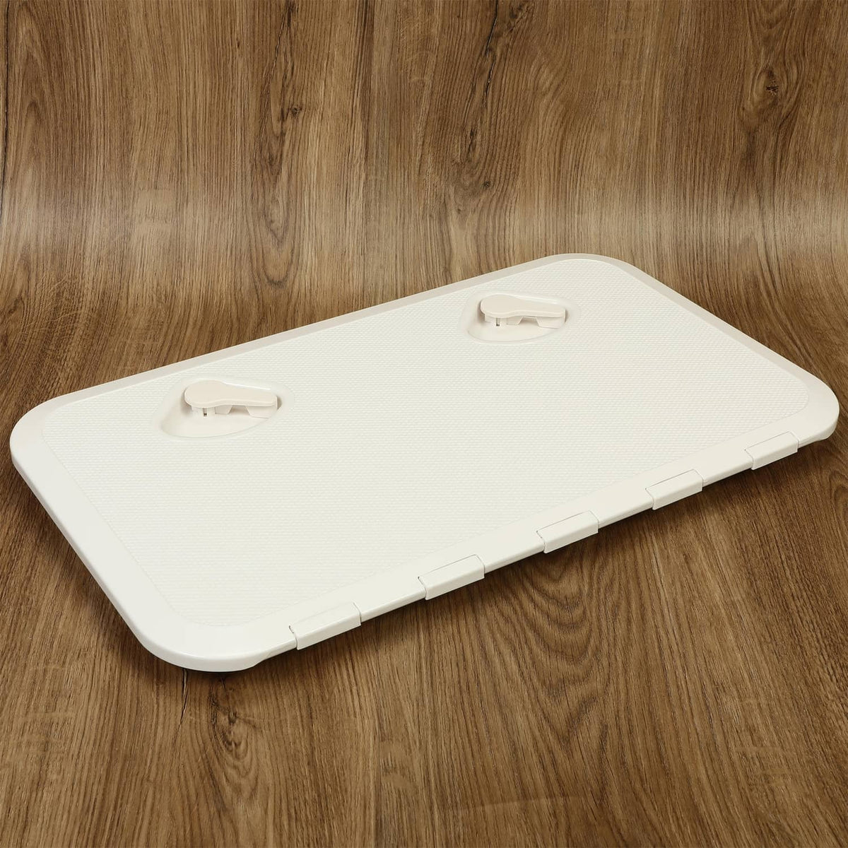 White ABS deck access hatch lid, closed with two corner latch mounts
